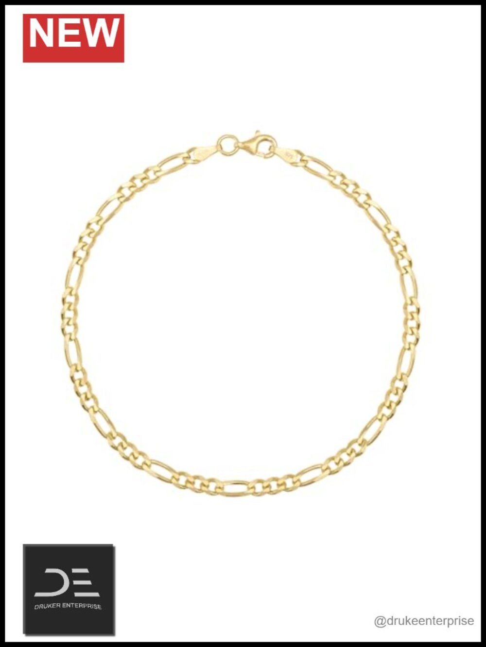 3.80mm 24K Gold Plated 925 Sterling Silver Figaro Link Chain Bracelet